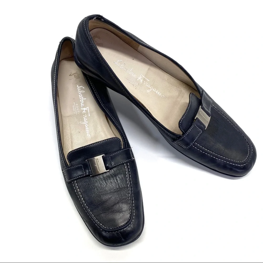 Salvatore Ferragamo Navy Blue Leather Loafers